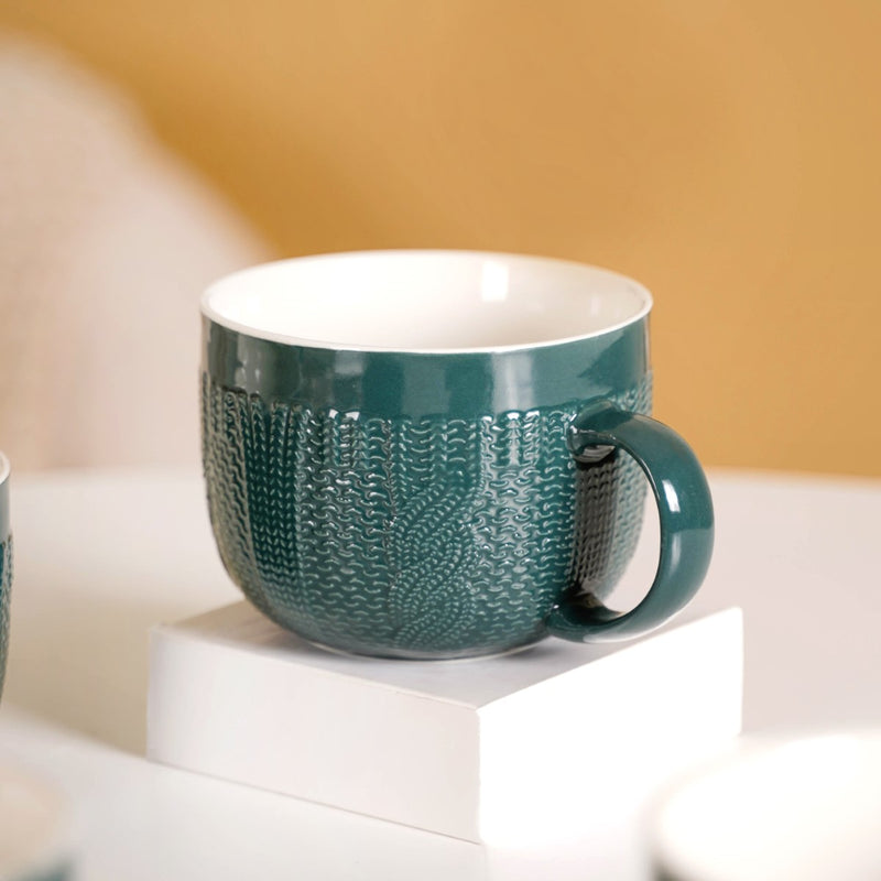 Knitted Texture Green Cappuccino Cup Set of 4 Large 490ml - Coffee mugs, coffee mug set, ceramic coffee mugs