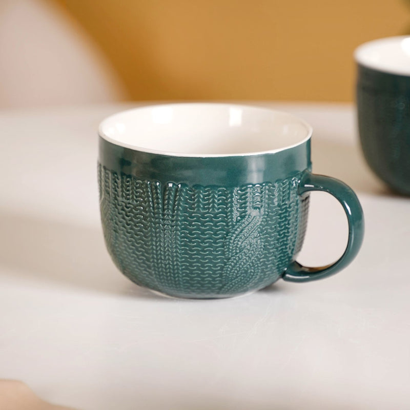 Knitted Texture Green Cappuccino Cup Set of 4 Large 490ml - Coffee mugs, coffee mug set, ceramic coffee mugs