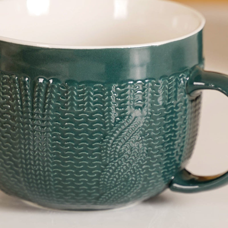 Knitted Texture Green Cappuccino Cup Set of 4 Large 490ml - Coffee mugs, coffee mug set, ceramic coffee mugs