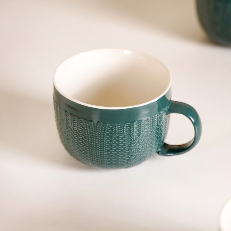 Knitted Texture Green Cappuccino Cup Set of 4 Large 490ml - Coffee mugs, coffee mug set, ceramic coffee mugs