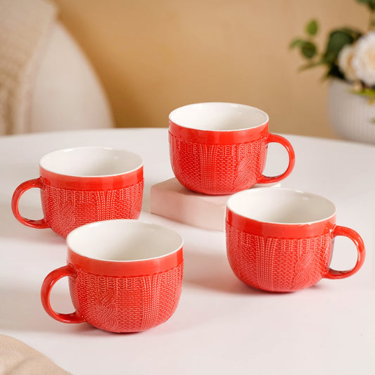 Winter Red Cappuccino Cup Set of 4 Large 490ml - Coffee mugs, coffee mug set, ceramic coffee mugs