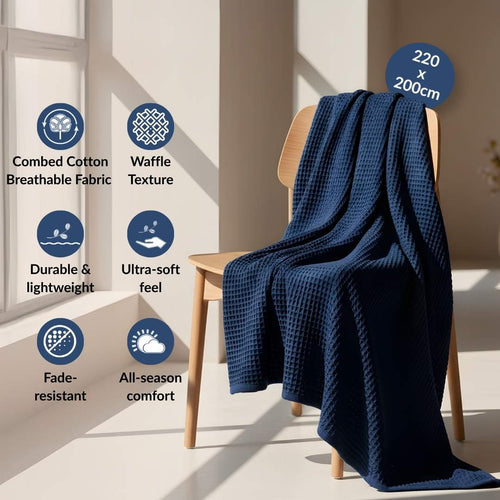 Combed Cotton Waffle Sofa Throw Blanket Deep Blue 220x200cm