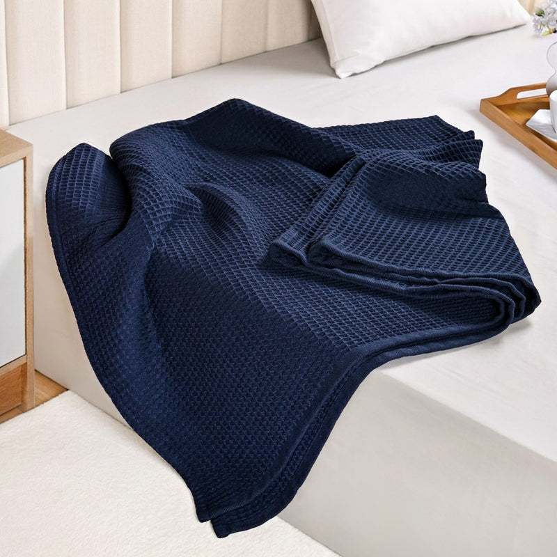 Combed Cotton Waffle Sofa Throw Blanket Deep Blue 220x200cm