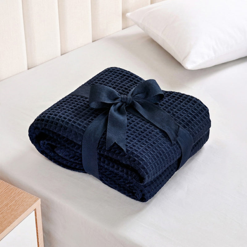 Combed Cotton Waffle Sofa Throw Blanket Deep Blue 220x200cm