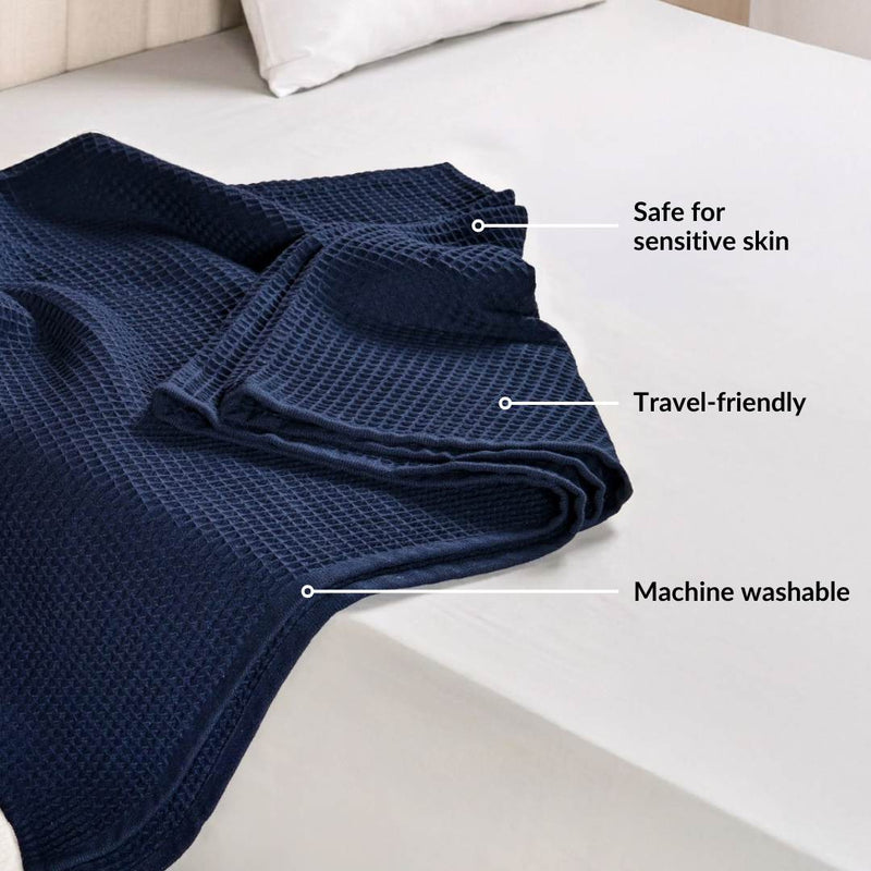 Combed Cotton Waffle Sofa Throw Blanket Deep Blue 220x200cm