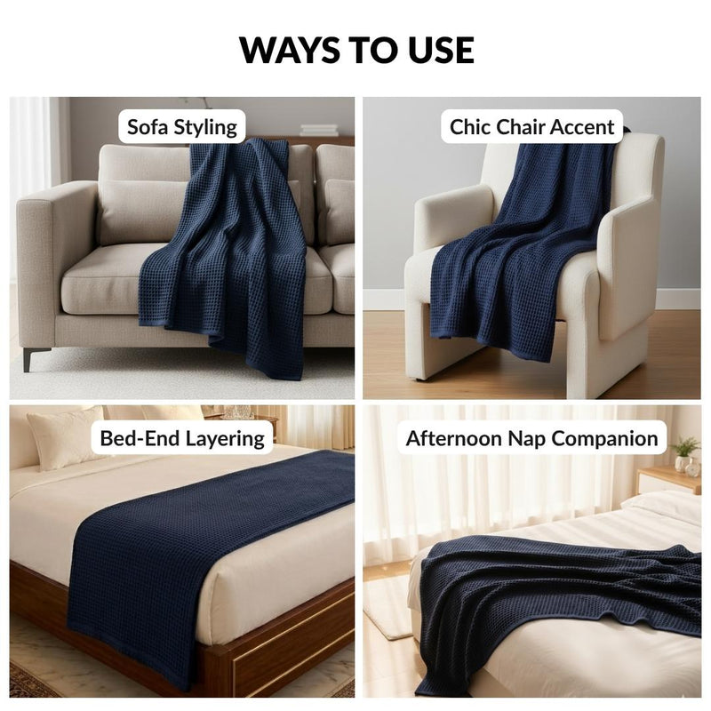 Combed Cotton Waffle Sofa Throw Blanket Deep Blue 220x200cm
