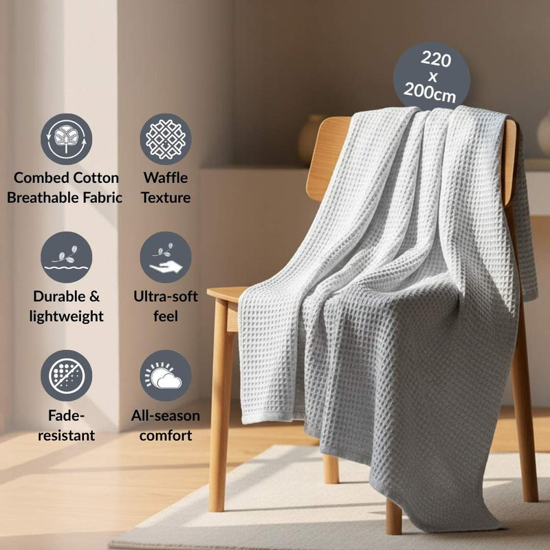 Combed Cotton Waffle Sofa Throw Blanket Light Grey 220x200cm
