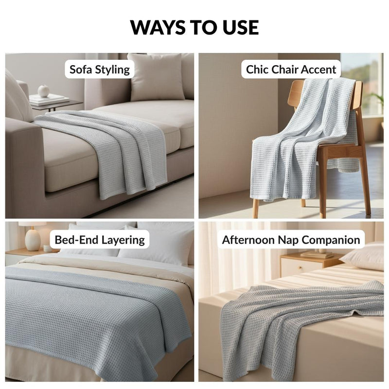 Combed Cotton Waffle Sofa Throw Blanket Light Grey 220x200cm
