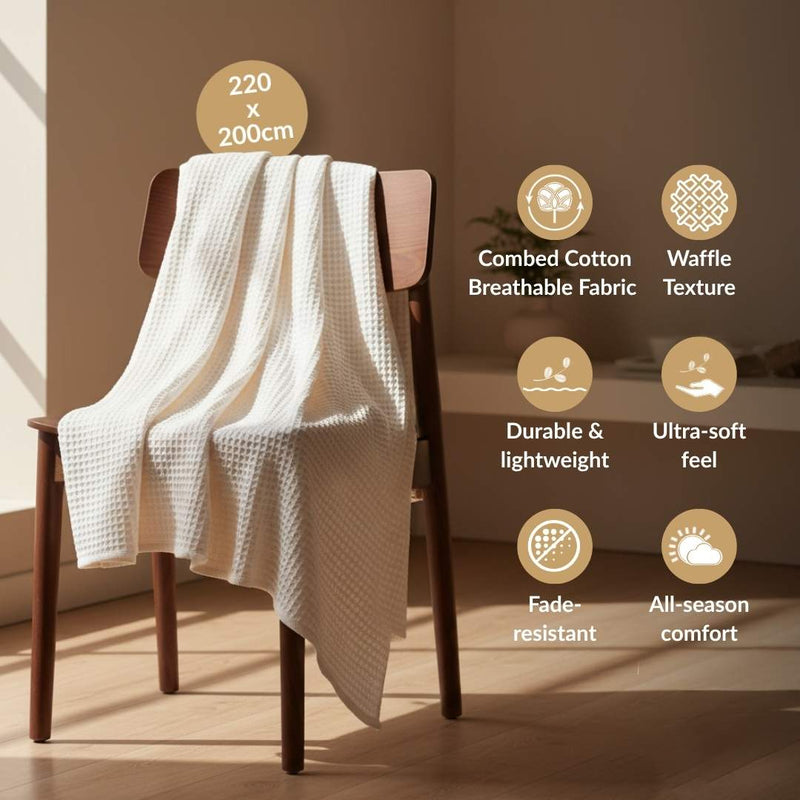 Combed Cotton Waffle Sofa Throw Blanket Pristine White 220x200cm