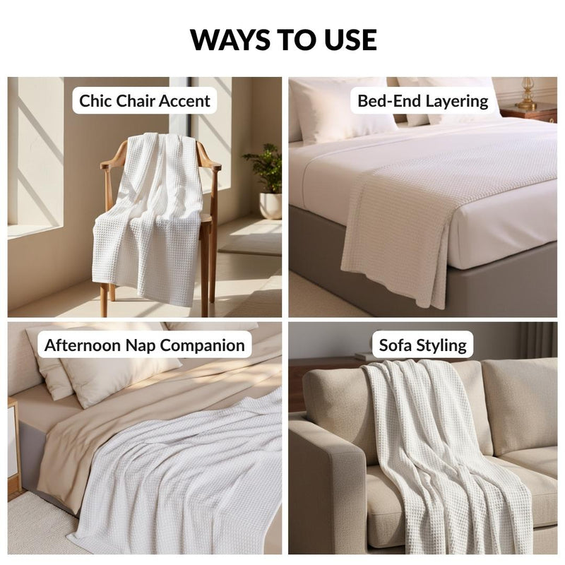 Combed Cotton Waffle Sofa Throw Blanket Pristine White 220x200cm