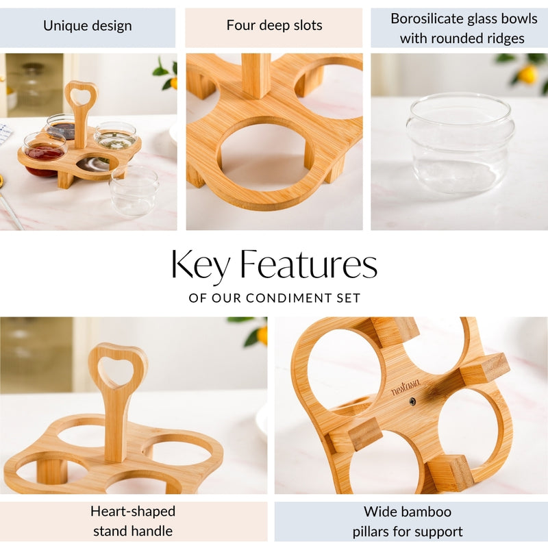 Condiment Set With Bamboo Stand And 4 Glass Bowls