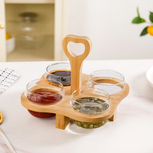 Condiment Set With Bamboo Stand And 4 Glass Bowls
