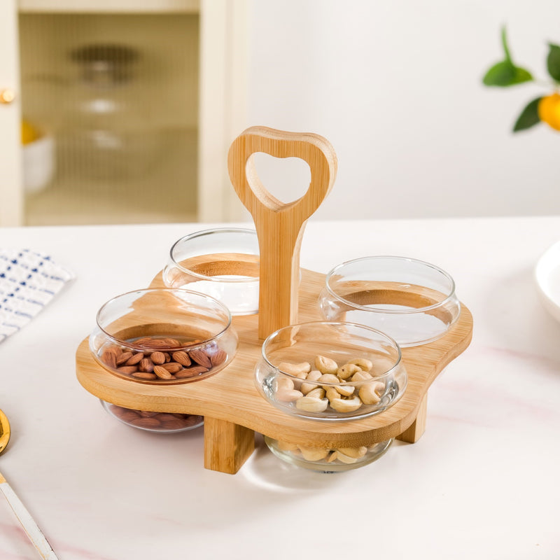 Condiment Set With Bamboo Stand And 4 Glass Bowls