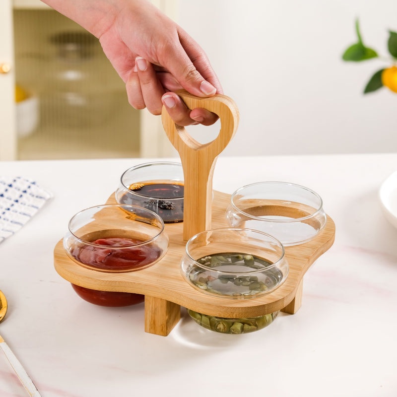 Condiment Set With Bamboo Stand And 4 Glass Bowls