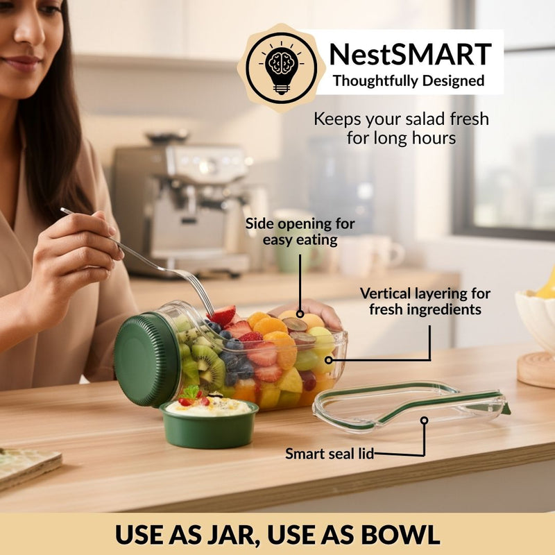 Convertible Salad Pod Jar Bowl With Cup Set Of 2 Leakproof 1200ml