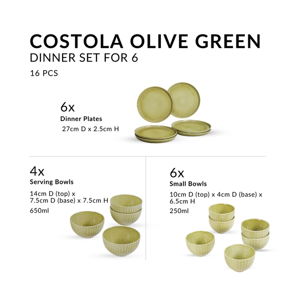 Costola Olive Green 16 Piece Dinner Set For 6