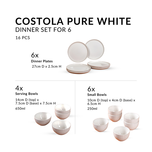 Costola Pure White 16 Piece Dinner Set For 6