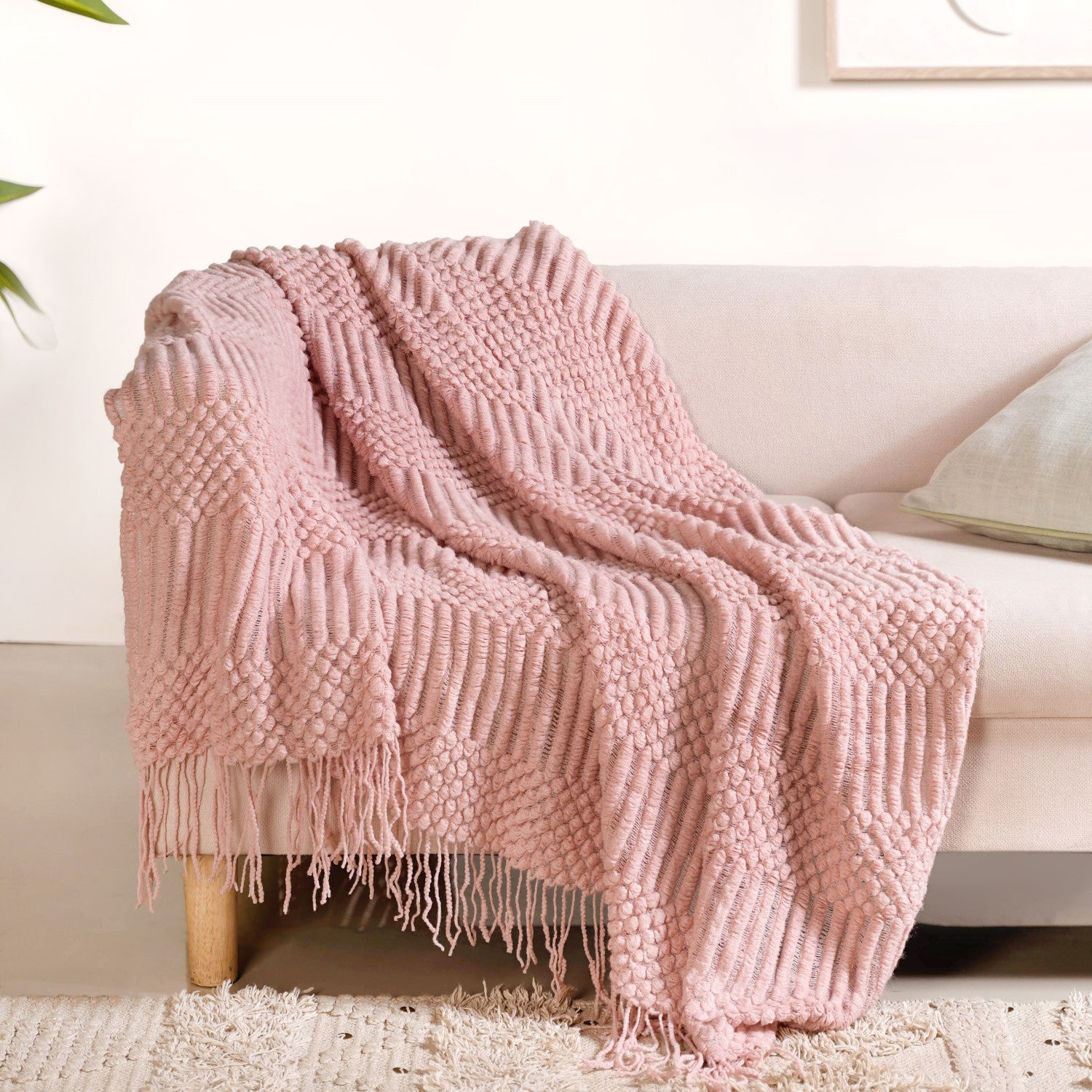Textured Light Pink Throw Online - Premium Throw Blanket | Nestasia