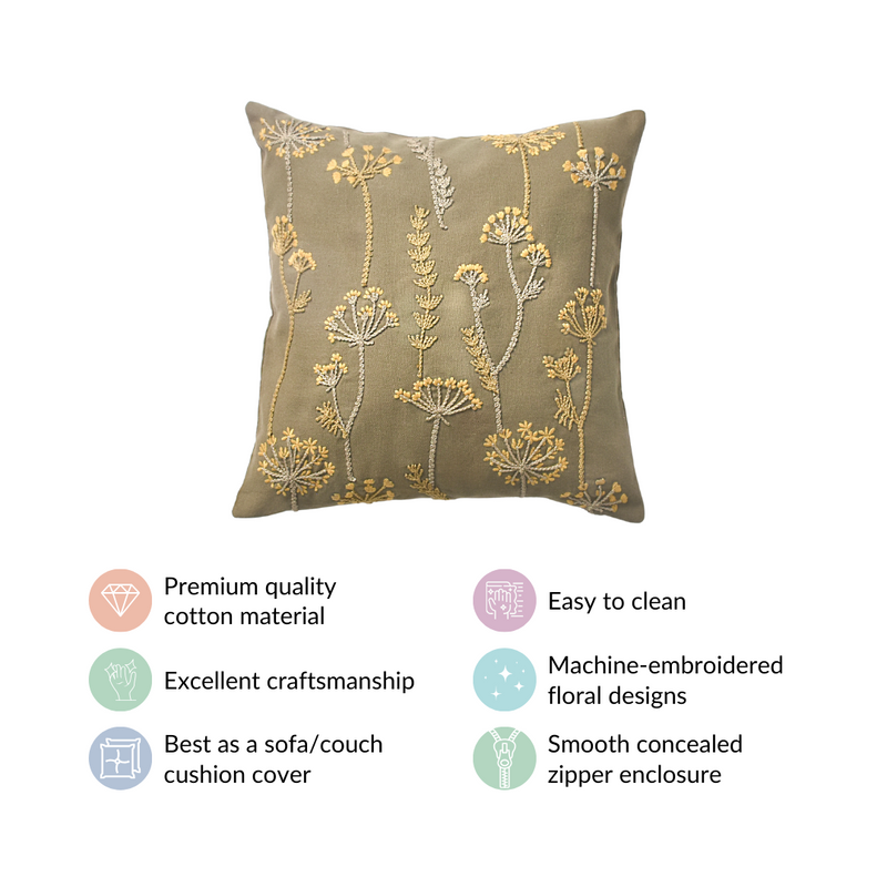 Flower Embroidered Couch Cushion Cover 15x15 Inch