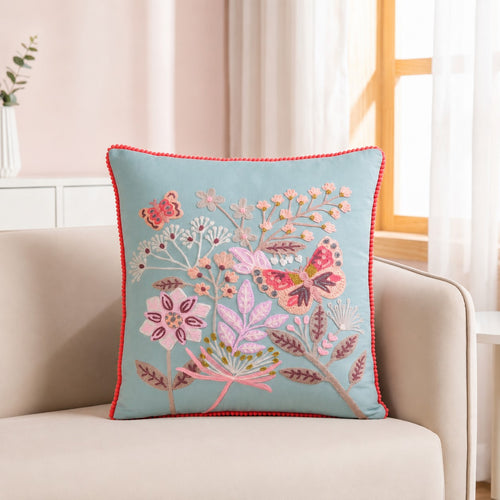 Butterfly Haven Embroidered Cotton Cushion Cover 40x40cm
