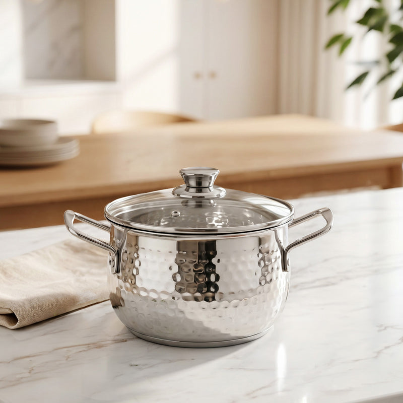 Steel Hammered Serving Handi With Glass Lid 1250ml