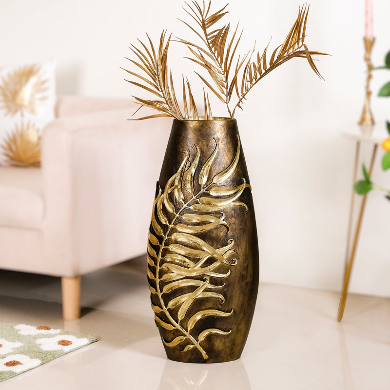 Gold Leaf Sculpted Flower Vase For Floor
