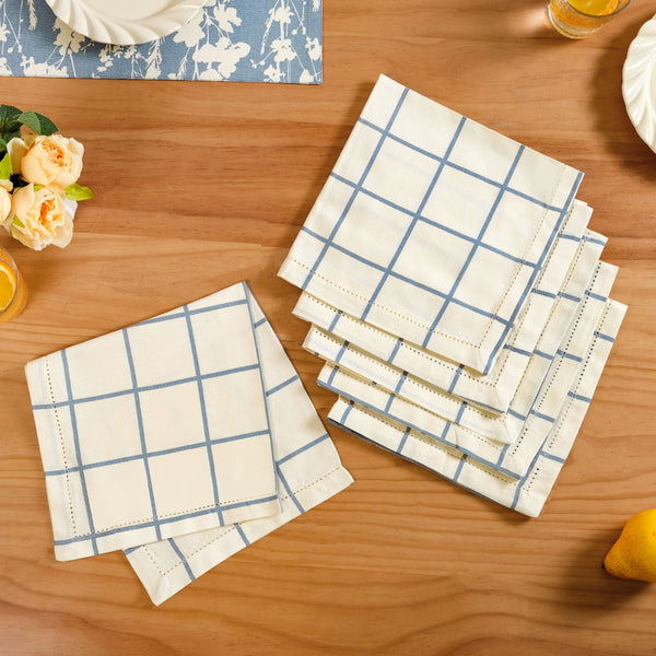 Slate Blue Grid Pure Cotton Table Napkin Set Of 6