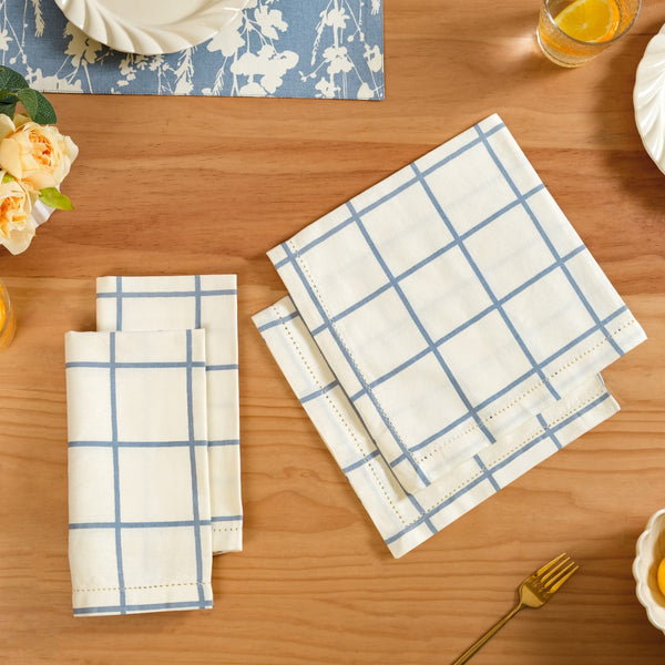 Slate Blue Grid Pure Cotton Table Napkin Set Of 4