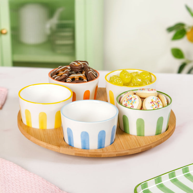Carnival Stripe Lazy Suzan With Ceramic Bowls Set Of 6