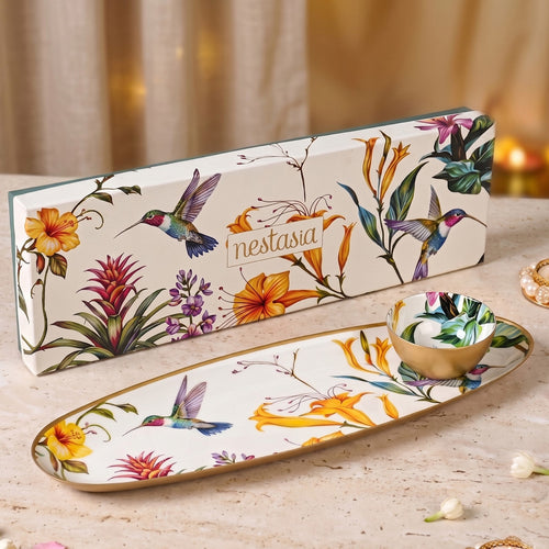 Tropical Long Metal Platter With Dip Bowl Set Of 2 In Gift Box