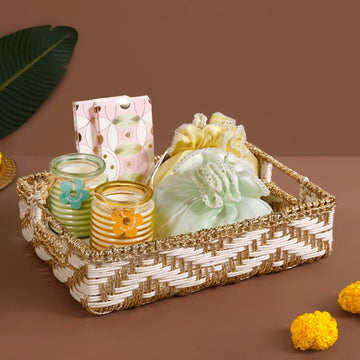 Decorative Woven Gift Hamper Basket White And Gold