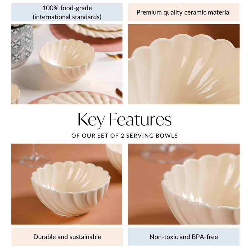 Vanilla White Scallop Luxury Serving Bowls Set Of 2 850ml - Serving bowls, snack bowls, snack bowls set, ceramic bowls, dessert bowls, icecream bowls