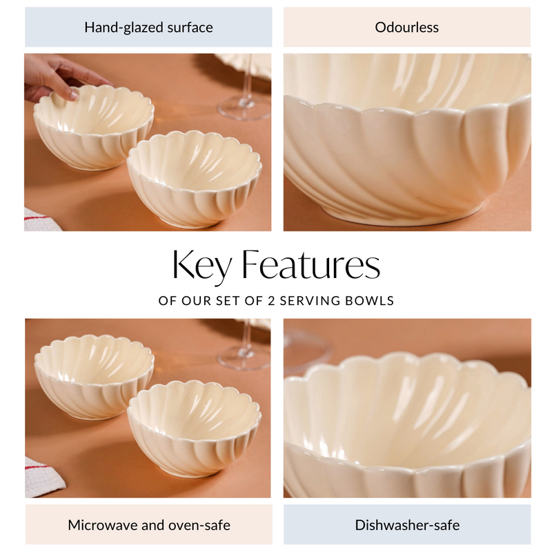 Vanilla White Scallop Luxury Serving Bowls Set Of 2 850ml - Serving bowls, snack bowls, snack bowls set, ceramic bowls, dessert bowls, icecream bowls