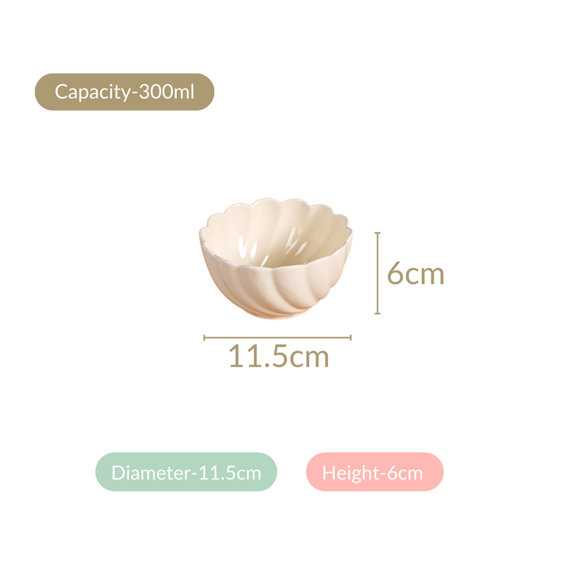 Set of 4 Scallop Vanilla White Ceramic Bowls 300ml - dessert bowls, serving bowls set, snack bowls, icecream bowls, ceramic bowls