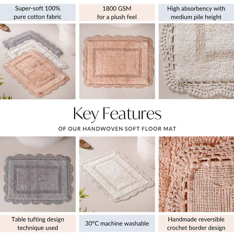 Set Of 3 Crochet Bordered Cotton Floor Mats 29x21 Inch