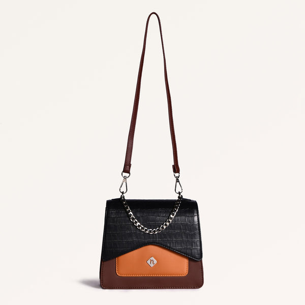 Croco Brown And Orange Handheld Bag