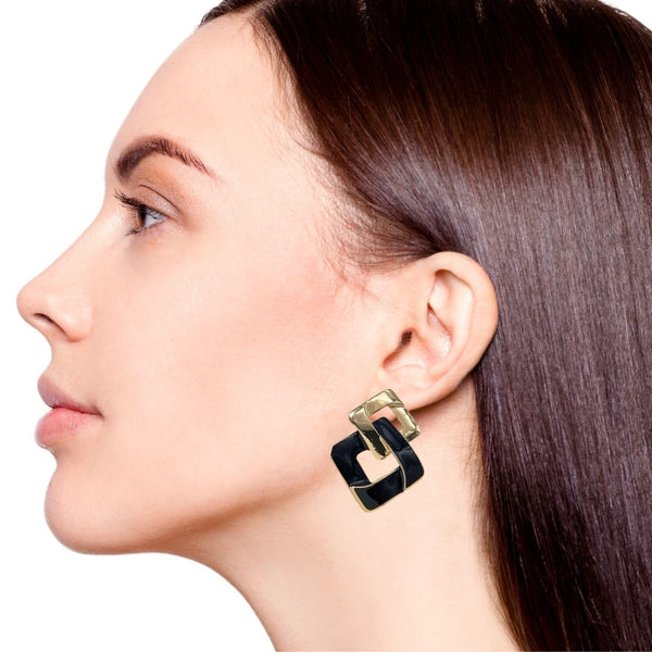 Black Crossing Square Earrings