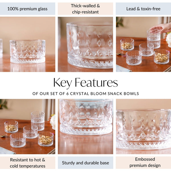 Set Of 6 Diamond Embossed Glass Snack Bowls 220ml