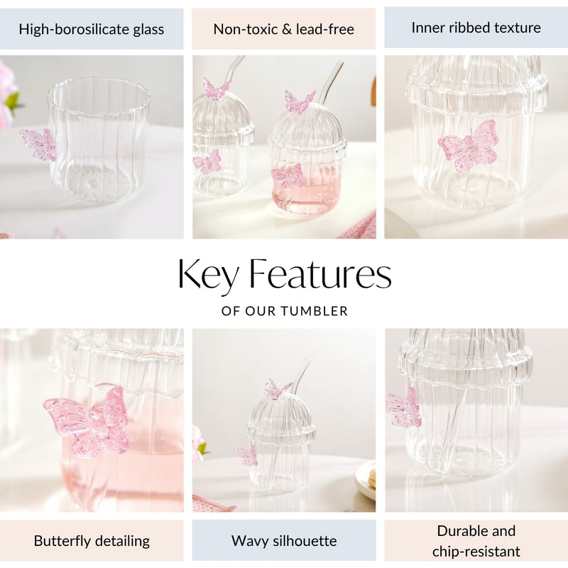 Crystal Fairy Core Butterfly Tumbler With Lid And Straw 450ml Set Of 2
