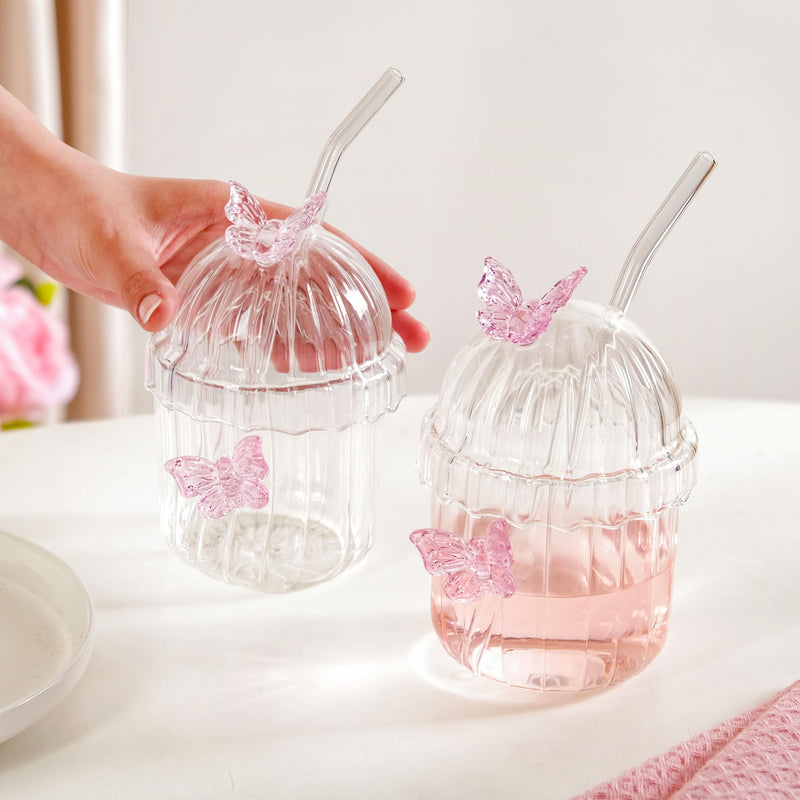 Crystal Fairy Core Butterfly Tumbler With Lid And Straw 450ml Set Of 2