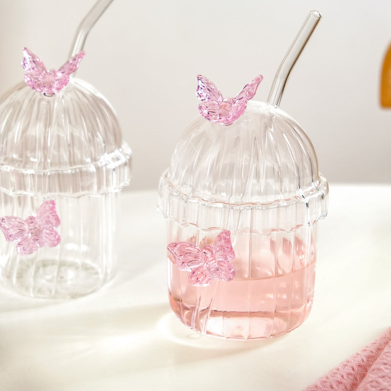 Crystal Fairy Core Butterfly Tumbler With Lid And Straw 450ml Set Of 2