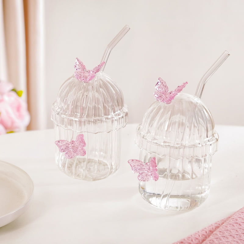 Crystal Fairy Core Butterfly Tumbler With Lid And Straw 450ml Set Of 2