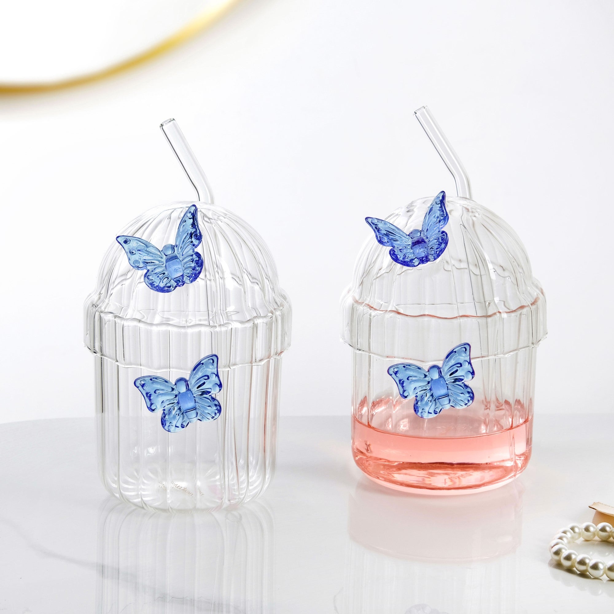 Crystal Fairy Core Butterfly Tumbler With Lid And Straw 450ml Set Of 2 Blue