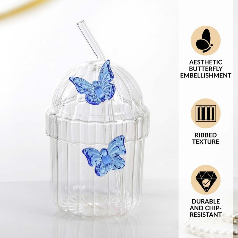 Crystal Fairy Core Butterfly Tumbler With Lid And Straw 450ml Set Of 2 Blue