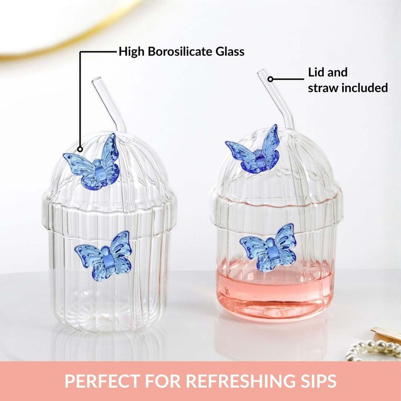 Crystal Fairy Core Butterfly Tumbler With Lid And Straw 450ml Set Of 2 Blue