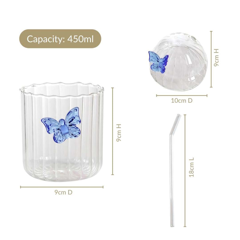 Crystal Fairy Core Butterfly Tumbler With Lid And Straw 450ml Set Of 2 Blue
