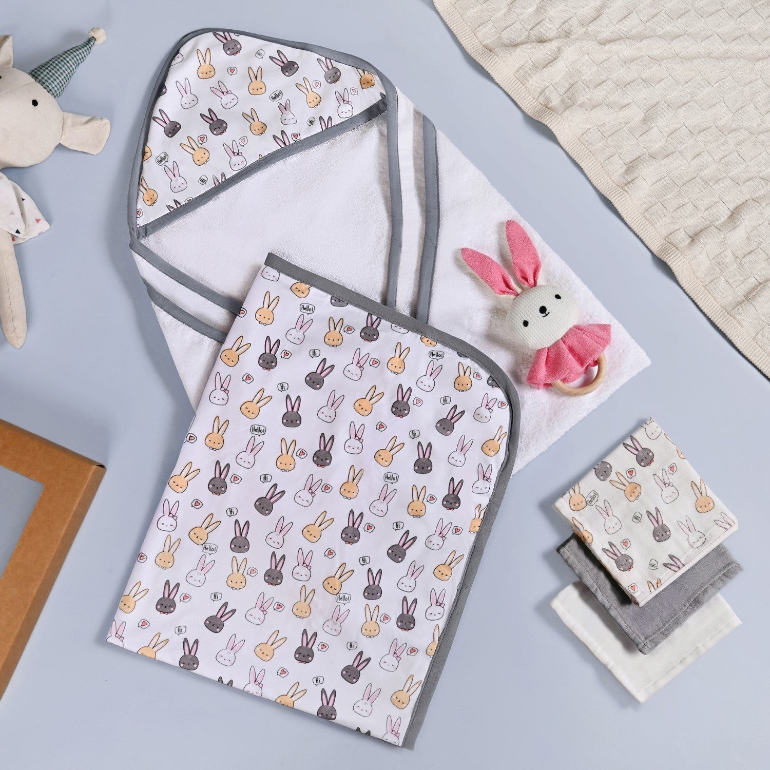 Cuddle Bunny Baby Hamper With Swaddle Towel Napkin Rattle Set Of 6