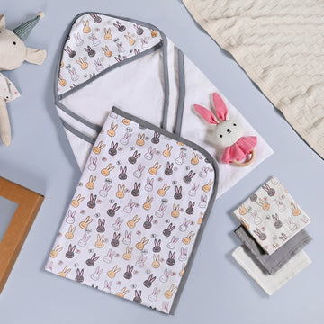 Cuddle Bunny Baby Hamper With Swaddle Towel Napkin Rattle Set Of 6