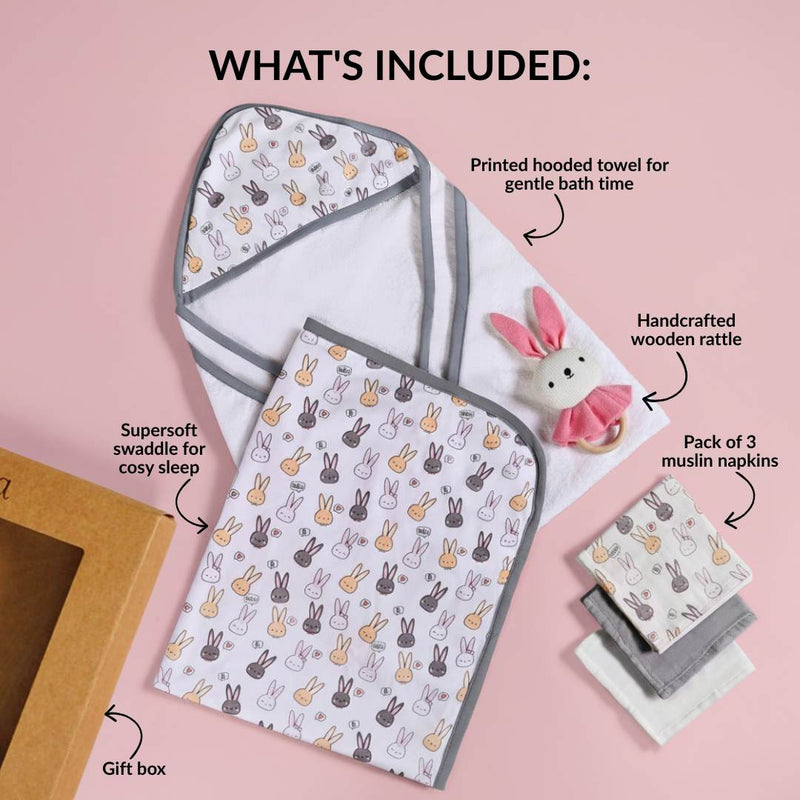 Cuddle Bunny Baby Hamper With Swaddle Towel Napkin Rattle Set Of 6