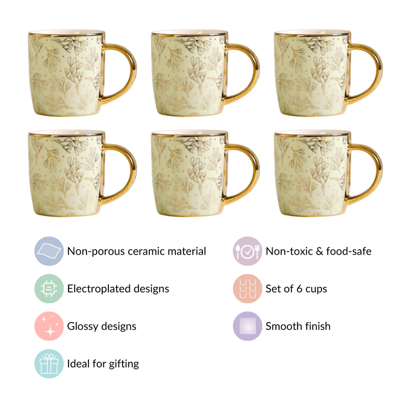 Gold Detail Coffee Mug Set of 6 Matte Pistachio Green 350ml - Coffee mugs, coffee mug set, ceramic coffee mugs, tea cup set, tea cups, printed mugs